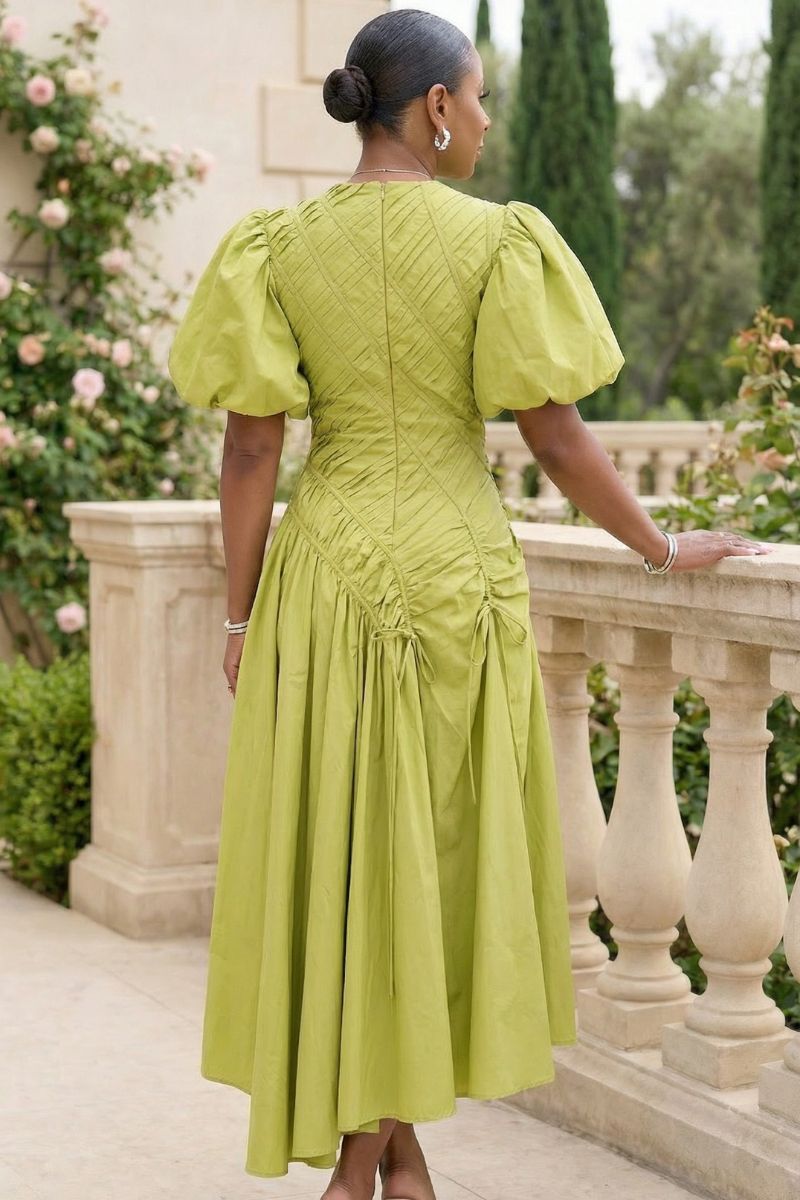 Elise Puff Sleeve Midi Dress - Green