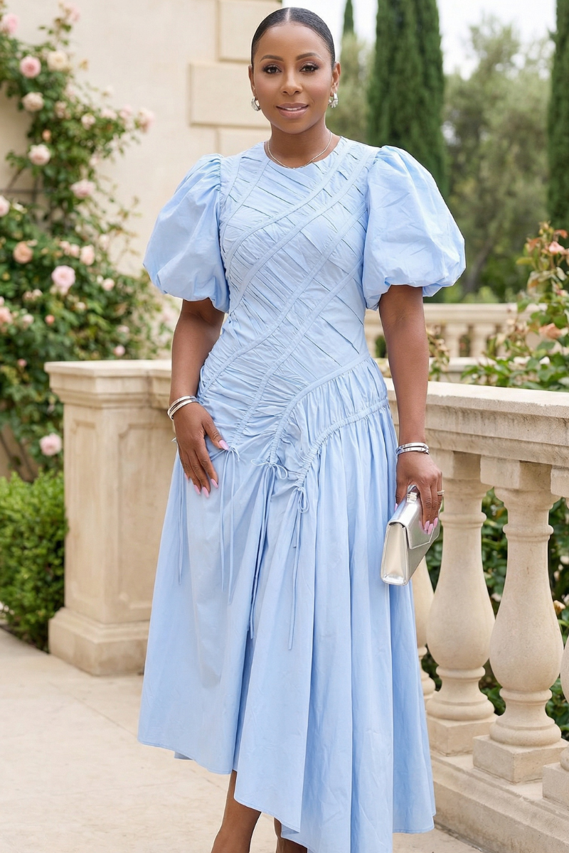 Elise Puff Sleeve Midi Dress - Blue