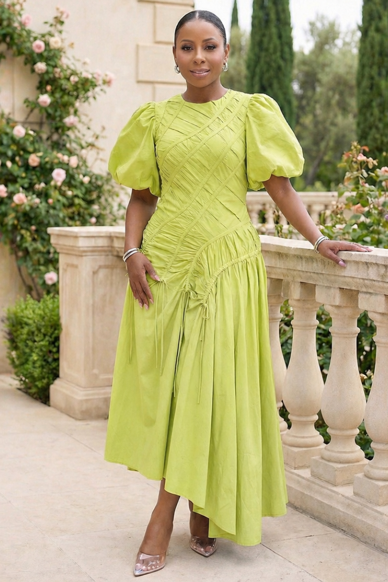 Elise Puff Sleeve Midi Dress - Green
